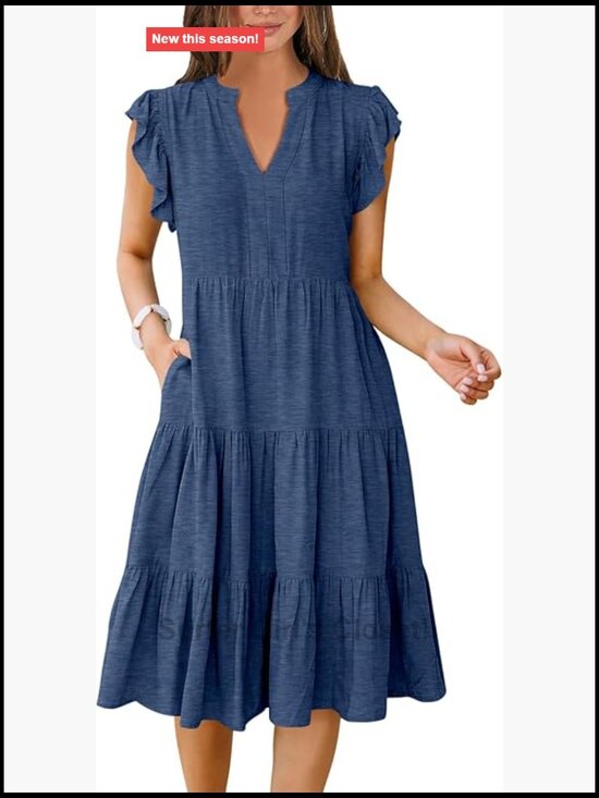 Dresses & Skirts - V Neck Ruffle Sleeve Tiered Midi Dress Flowy Summer Boho Beach